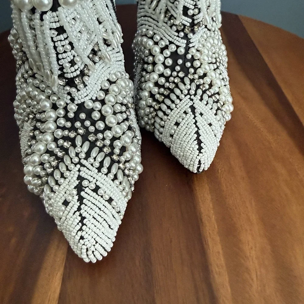 Azalea Wang Pearl Booties Women's 8.5 Stiletto Rhinestone Maximalist Bridal